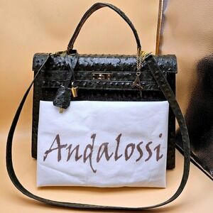 Andalossi Ostrich Embossed Leather Satchel Handbag With Lock Charm and Dust Bag
